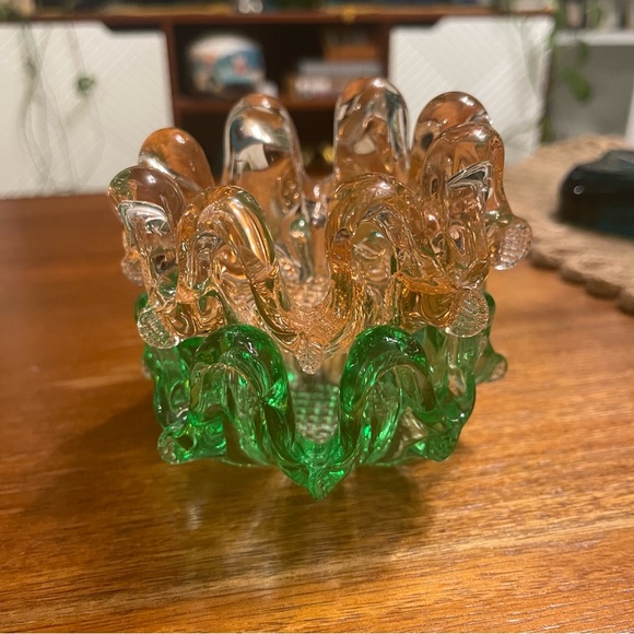 Other - SET OF 2 Green & Pink Vintage Nesting Ashtray Italian Murano Glass Stack Flower
